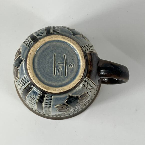 German Blue Spade Coffee Cup Signed Pottery Vtg Unique 3" Tea Wine Handarbeit - Picture 6 of 11